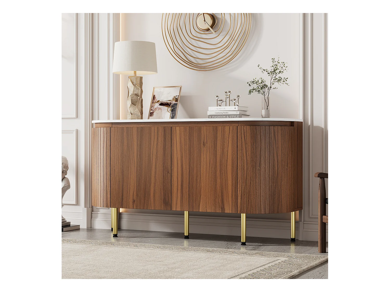 Buffet moderne 145x43x78cm - avec 4 portes - avec étagères réglables et pieds en métal - Naturel