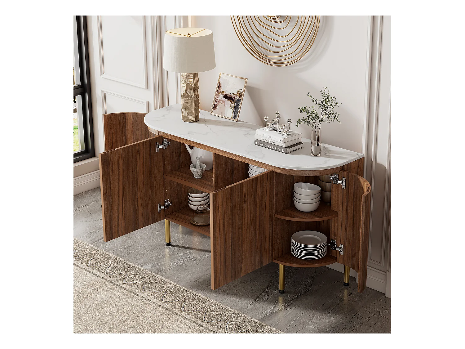 Buffet moderne 145x43x78cm - avec 4 portes - avec étagères réglables et pieds en métal - Naturel