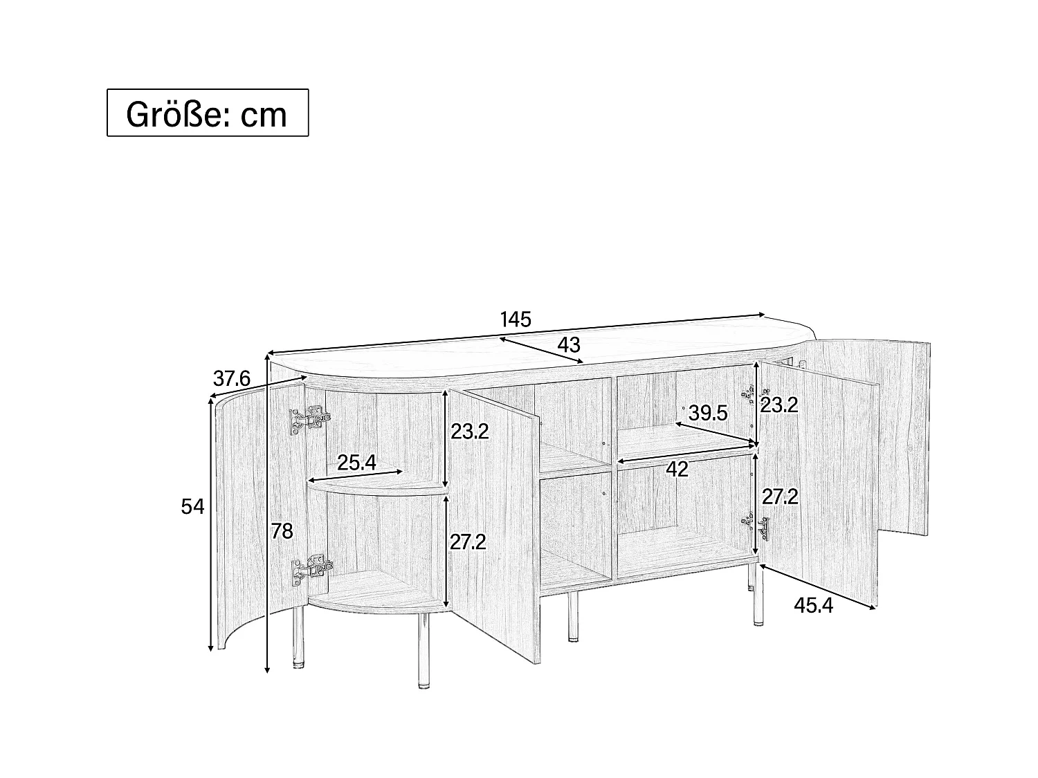 Buffet moderne 145x43x78cm - avec 4 portes - avec étagères réglables et pieds en métal - Naturel
