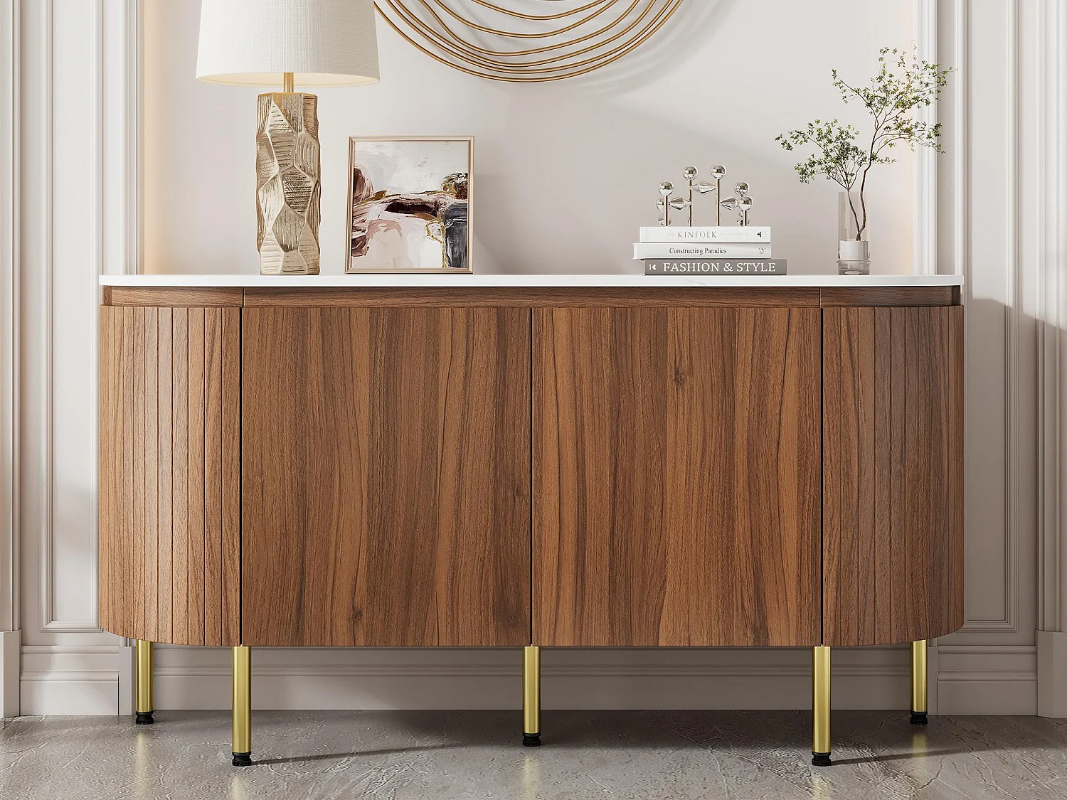 Buffet moderno 145x43x78 cm - con 4 puertas - con estantes ajustables y patas de metal - Natural