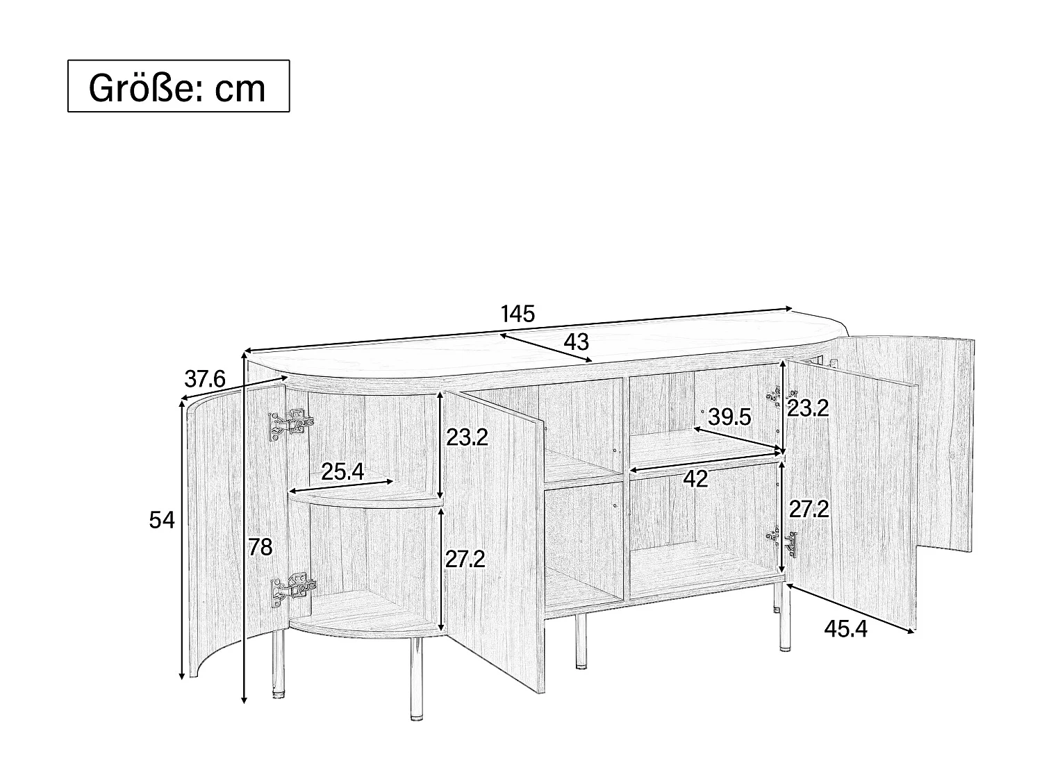 Buffet moderno 145x43x78 cm - con 4 puertas - con estantes ajustables y patas de metal - Natural