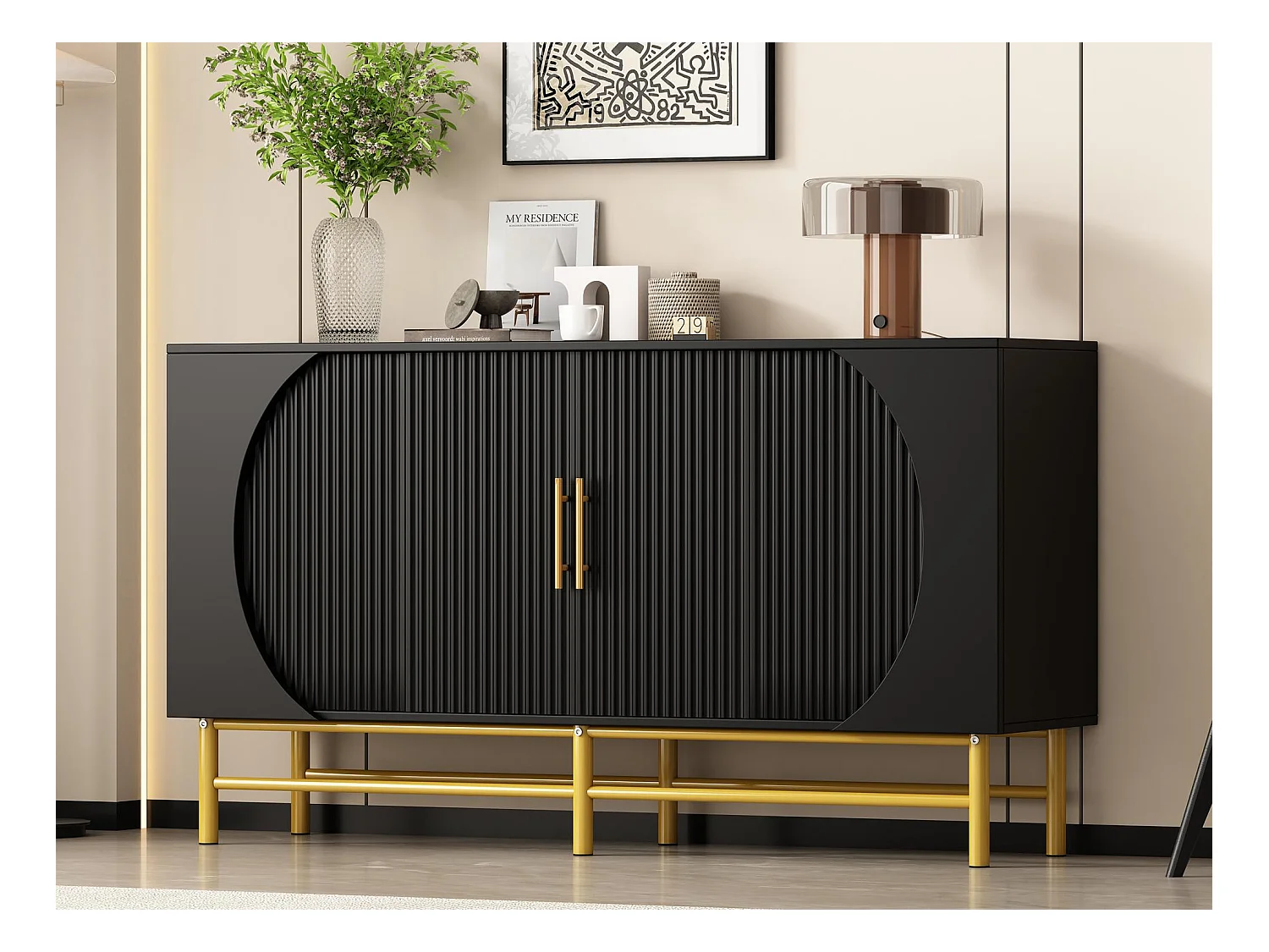 Buffet moderno 145x40x81.5 cm - com 4 portas - com prateleiras ajustáveis e listras verticais - Preto