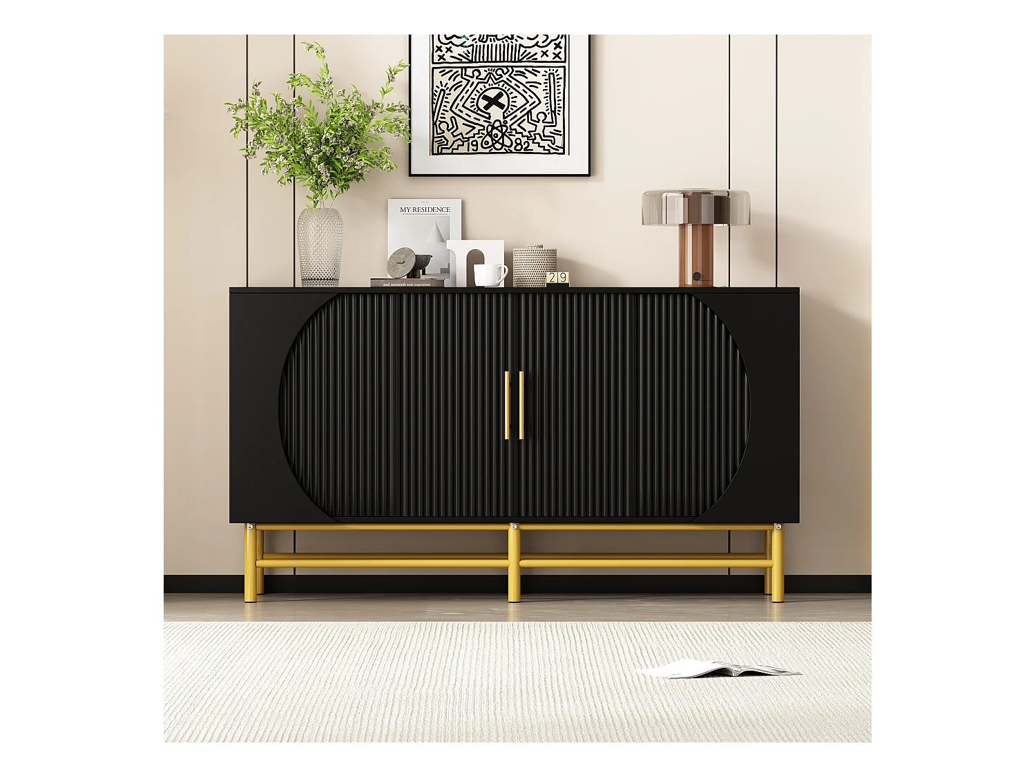 Buffet moderno 145x40x81.5 cm - com 4 portas - com prateleiras ajustáveis e listras verticais - Preto