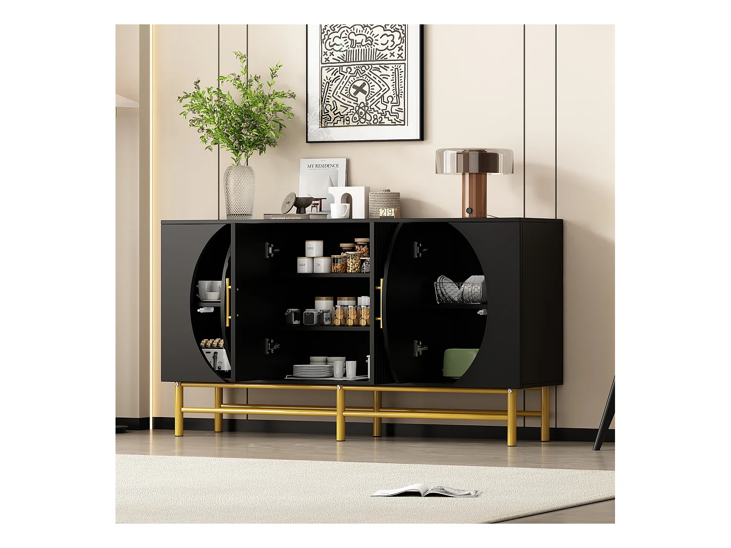 Buffet moderno 145x40x81.5 cm - com 4 portas - com prateleiras ajustáveis e listras verticais - Preto
