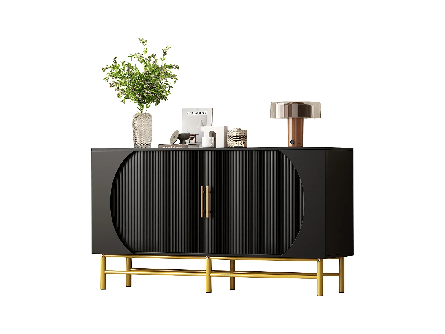 Buffet moderno 145x40x81.5 cm - com 4 portas - com prateleiras ajustáveis e listras verticais - Preto