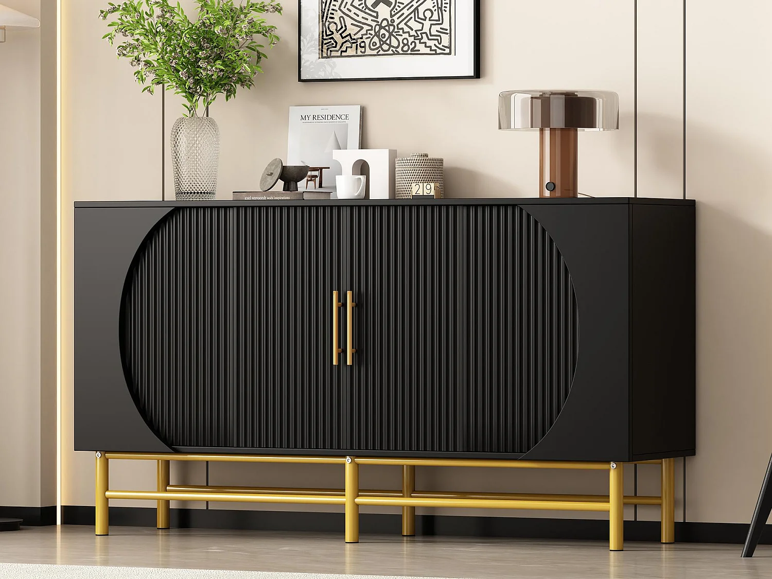 Buffet moderne 145x40x81.5cm - avec 4 portes - avec étagères réglables et des rayures verticales - Noir