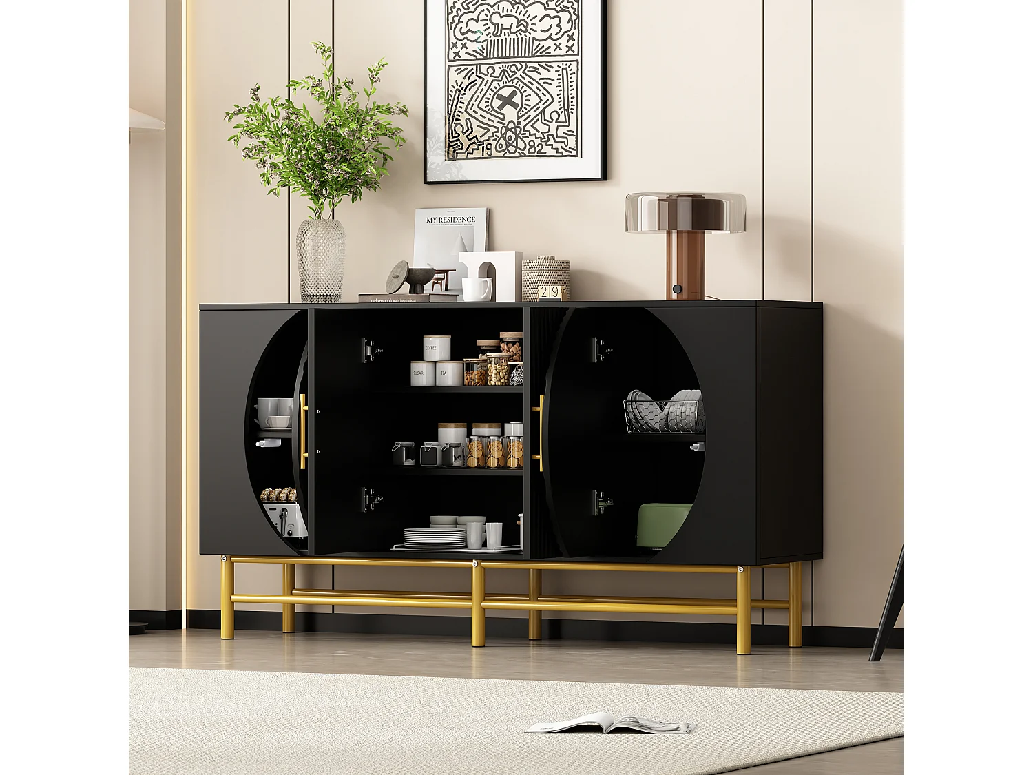 Buffet moderne 145x40x81.5cm - avec 4 portes - avec étagères réglables et des rayures verticales - Noir