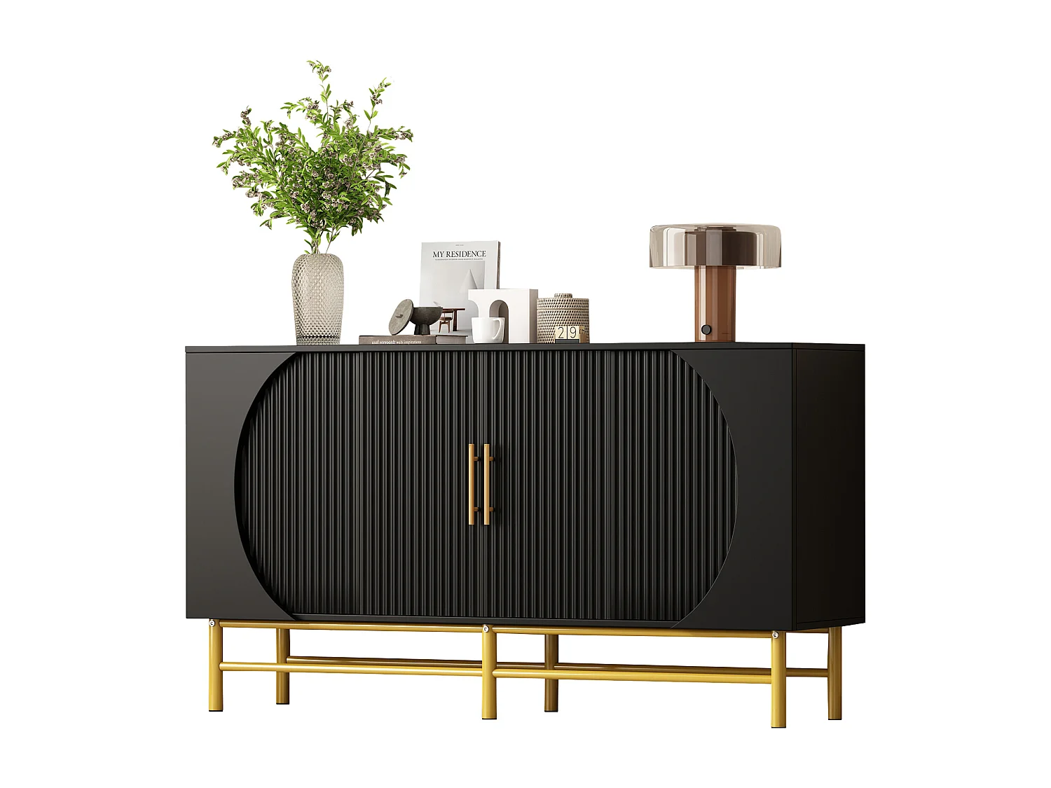 Buffet moderne 145x40x81.5cm - avec 4 portes - avec étagères réglables et des rayures verticales - Noir