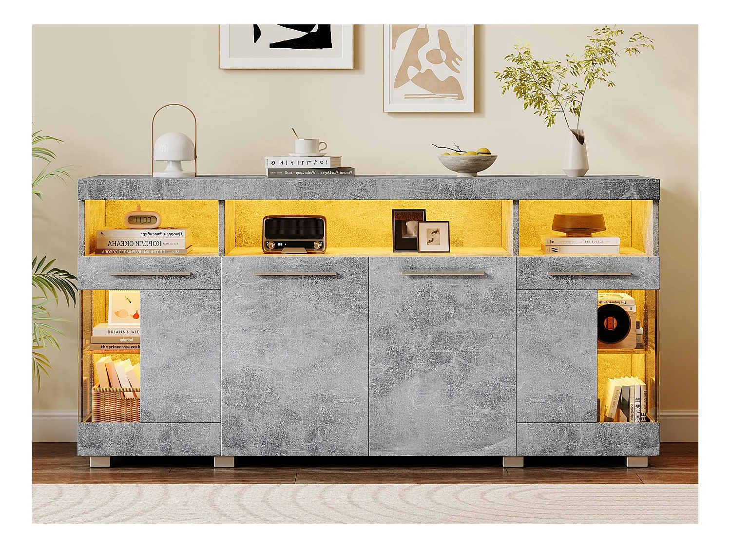 Nowoczesny bufet LED - 4 drzwi i 9 przegródek do przechowywania - MDF + przezroczyste szkło hartowane - Szary