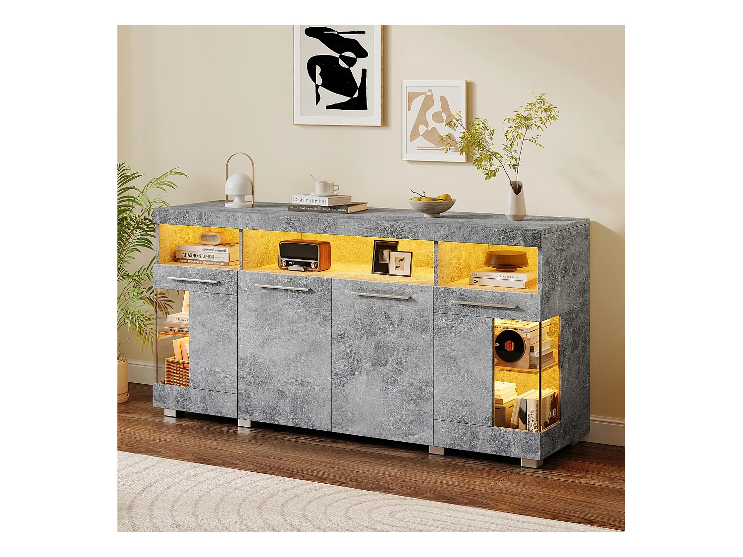 Nowoczesny bufet LED - 4 drzwi i 9 przegródek do przechowywania - MDF + przezroczyste szkło hartowane - Szary