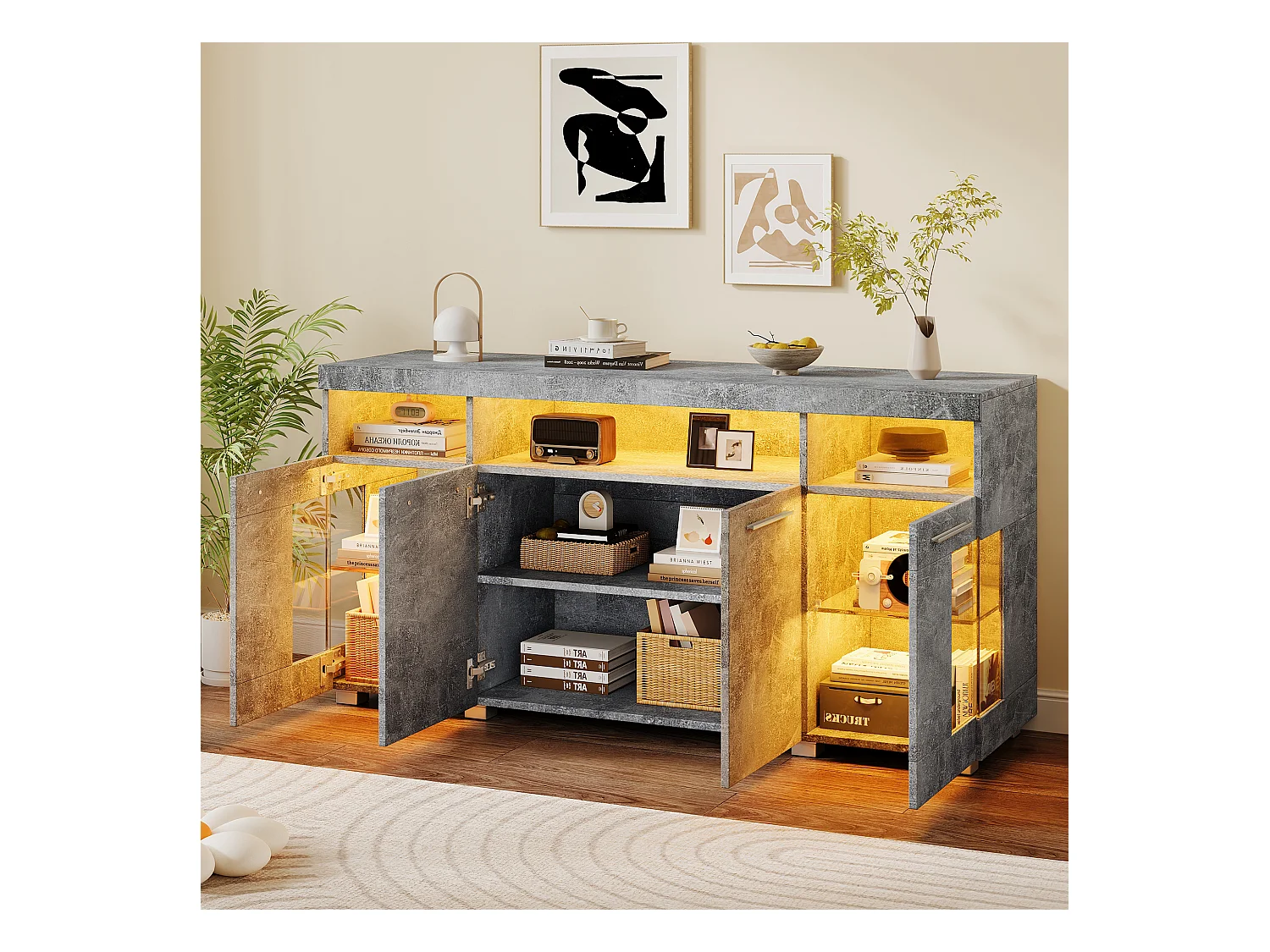 Nowoczesny bufet LED - 4 drzwi i 9 przegródek do przechowywania - MDF + przezroczyste szkło hartowane - Szary