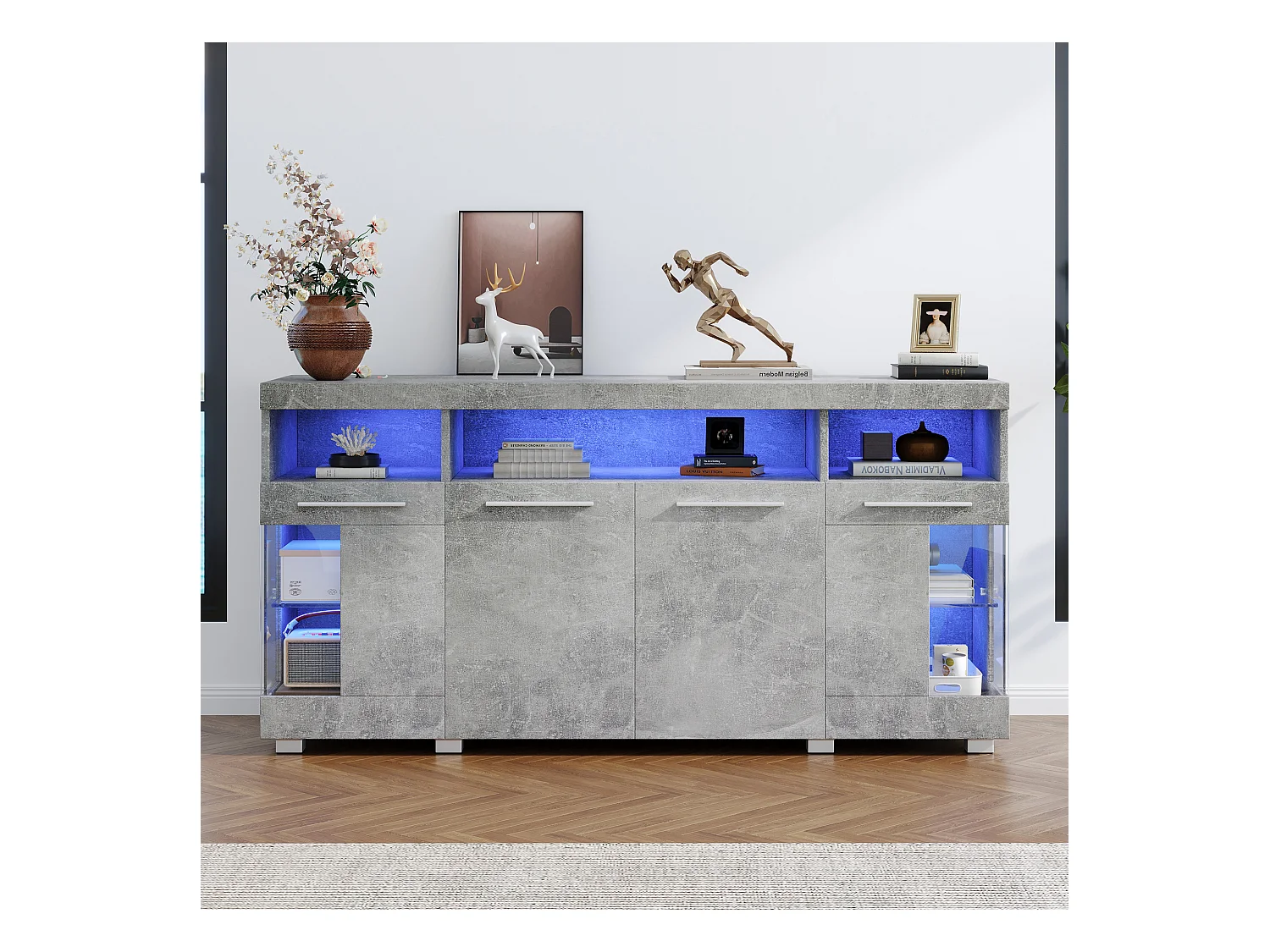 Nowoczesny bufet LED - 4 drzwi i 9 przegródek do przechowywania - MDF + przezroczyste szkło hartowane - Szary