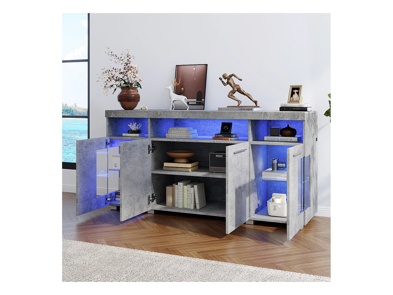 Nowoczesny bufet LED - 4 drzwi i 9 przegródek do przechowywania - MDF + przezroczyste szkło hartowane - Szary