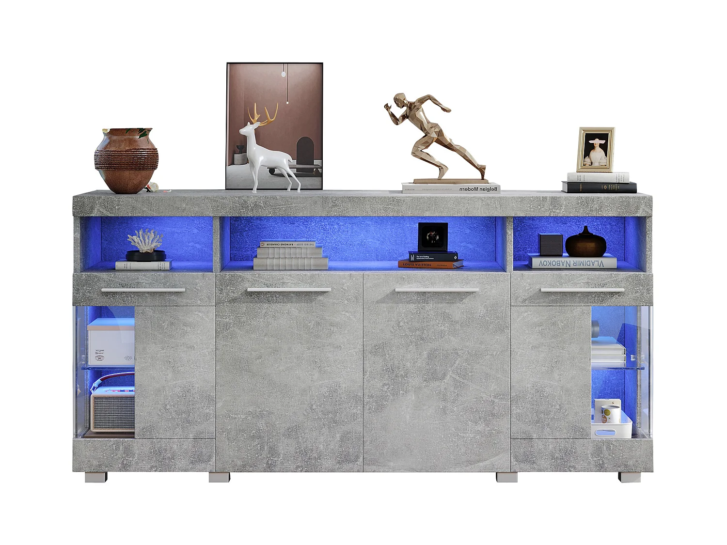 Nowoczesny bufet LED - 4 drzwi i 9 przegródek do przechowywania - MDF + przezroczyste szkło hartowane - Szary