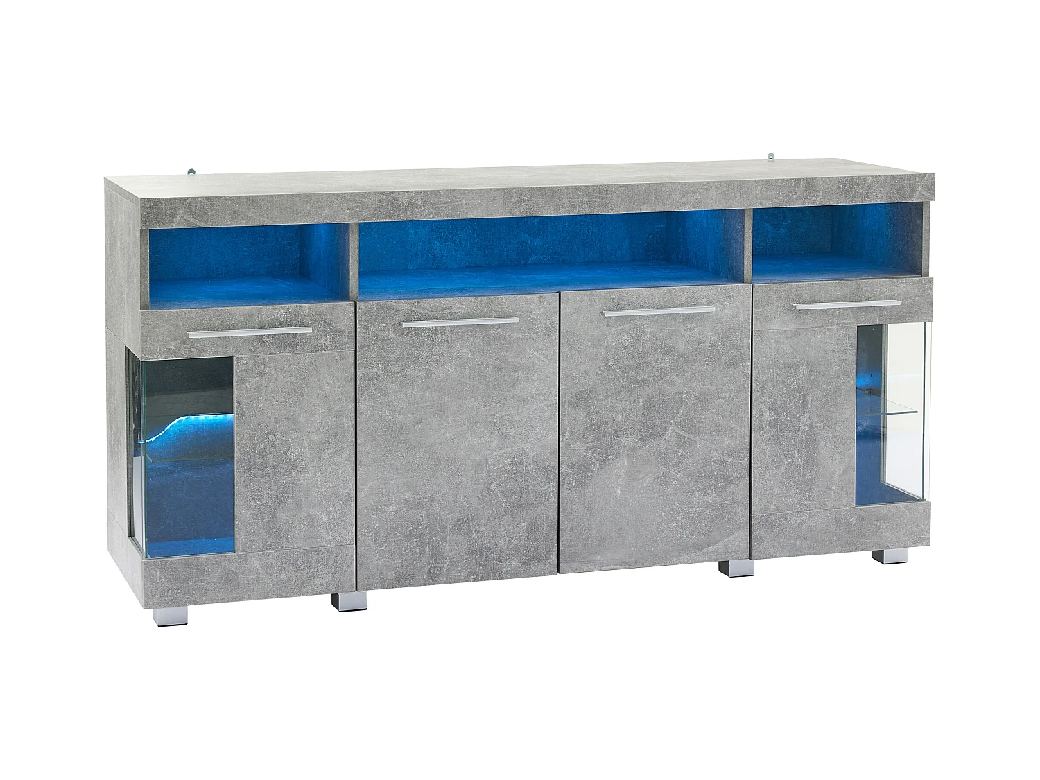Nowoczesny bufet LED - 4 drzwi i 9 przegródek do przechowywania - MDF + przezroczyste szkło hartowane - Szary
