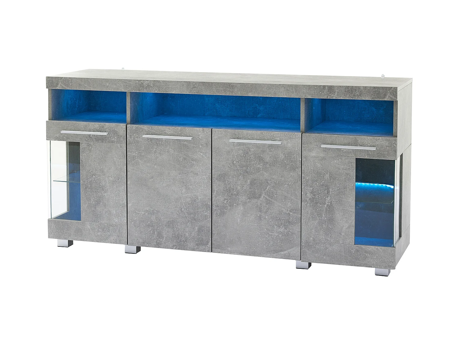 Nowoczesny bufet LED - 4 drzwi i 9 przegródek do przechowywania - MDF + przezroczyste szkło hartowane - Szary