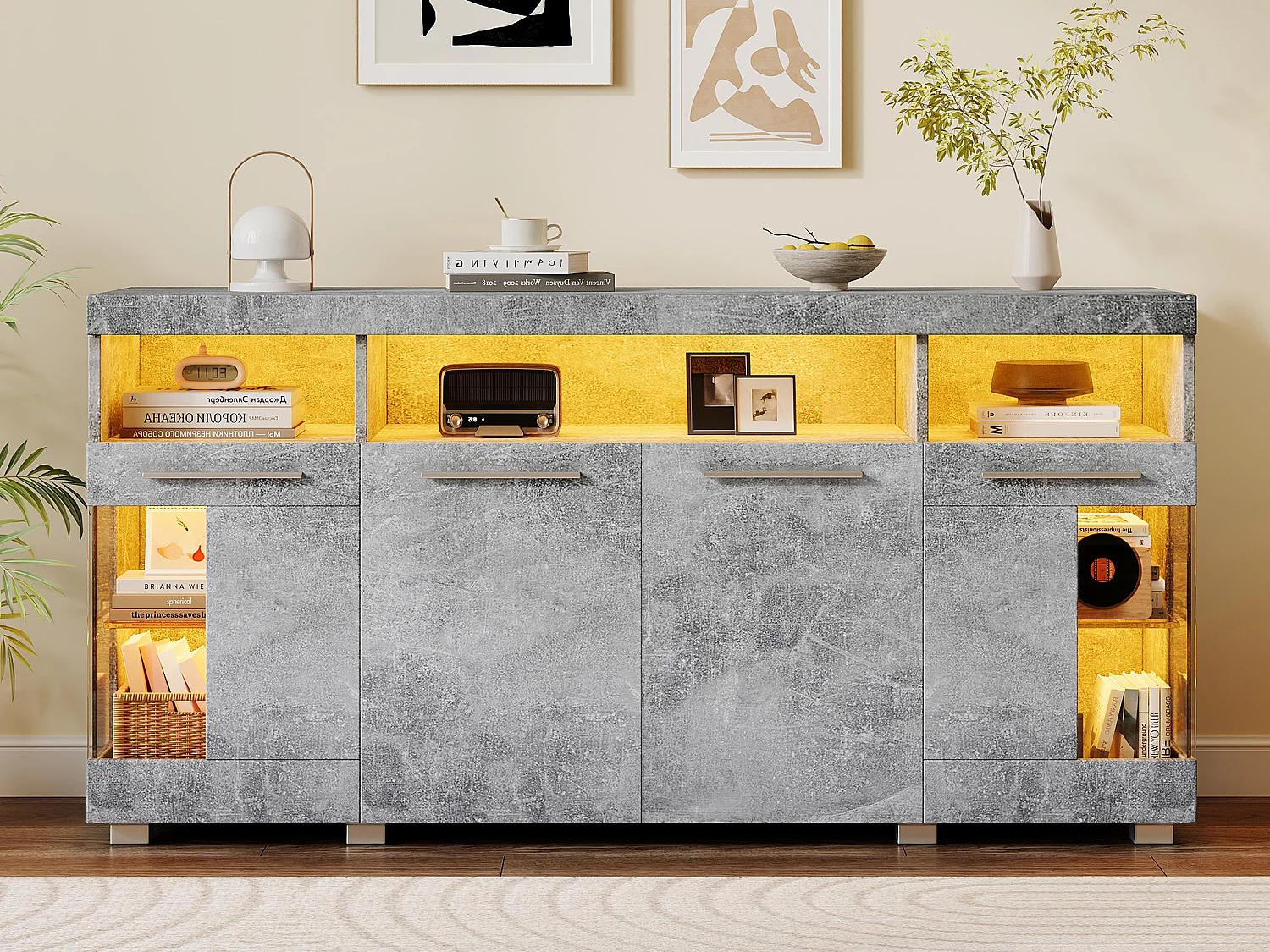 Buffet Moderne LED - 4 portes et 9 compartiments de rangement - MDF + en verre trempé transparent - Gris