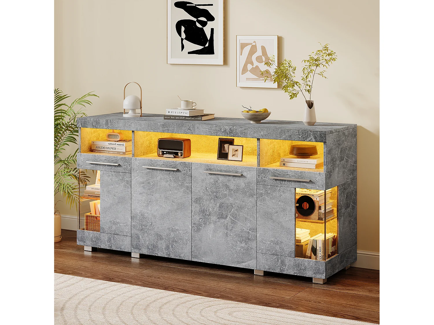 Buffet Moderne LED - 4 portes et 9 compartiments de rangement - MDF + en verre trempé transparent - Gris