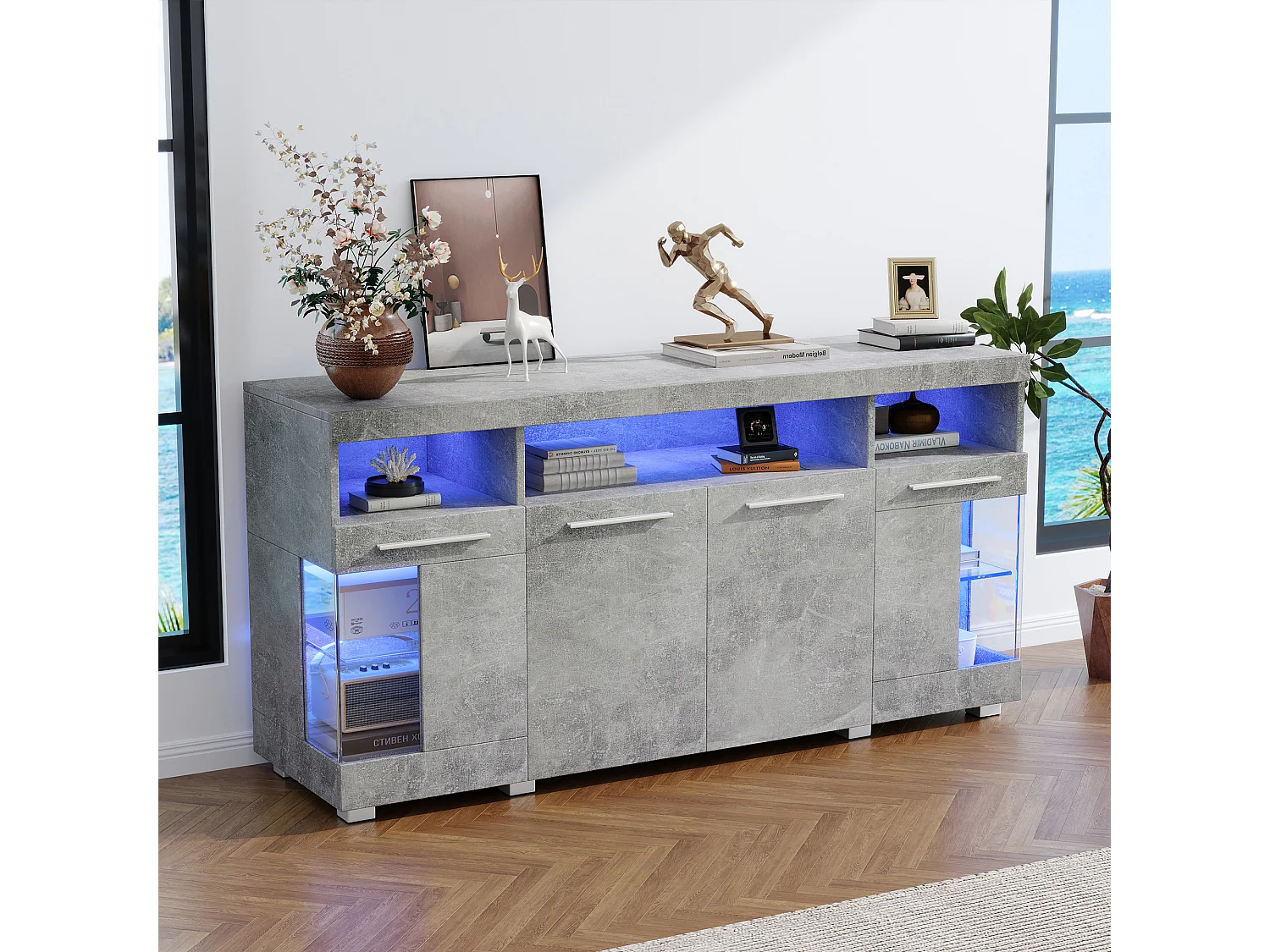 Buffet Moderne LED - 4 portes et 9 compartiments de rangement - MDF + en verre trempé transparent - Gris