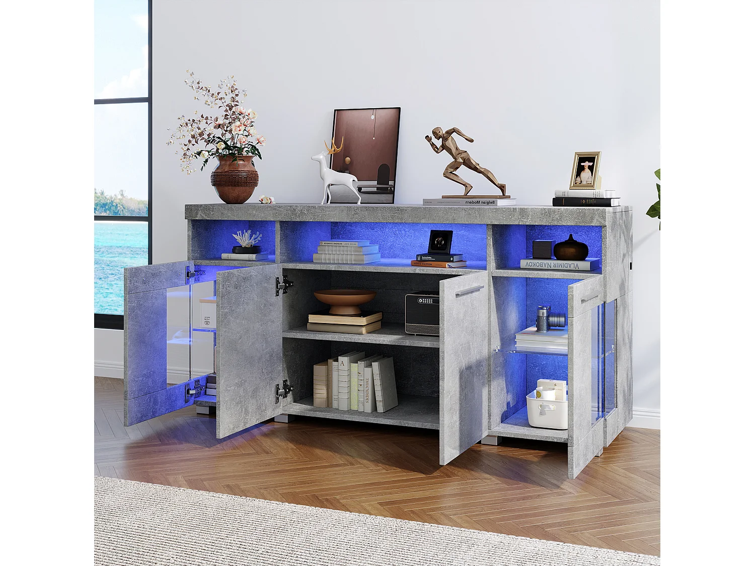 Buffet Moderne LED - 4 portes et 9 compartiments de rangement - MDF + en verre trempé transparent - Gris