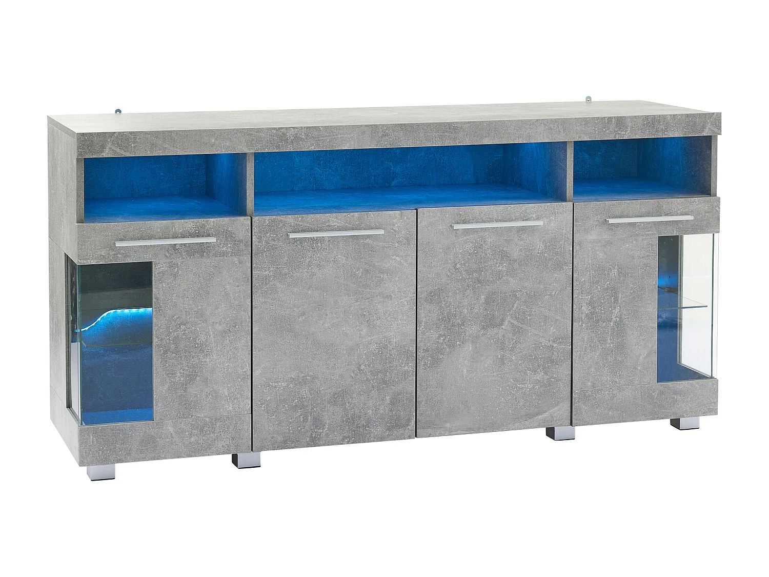 Buffet Moderne LED - 4 portes et 9 compartiments de rangement - MDF + en verre trempé transparent - Gris