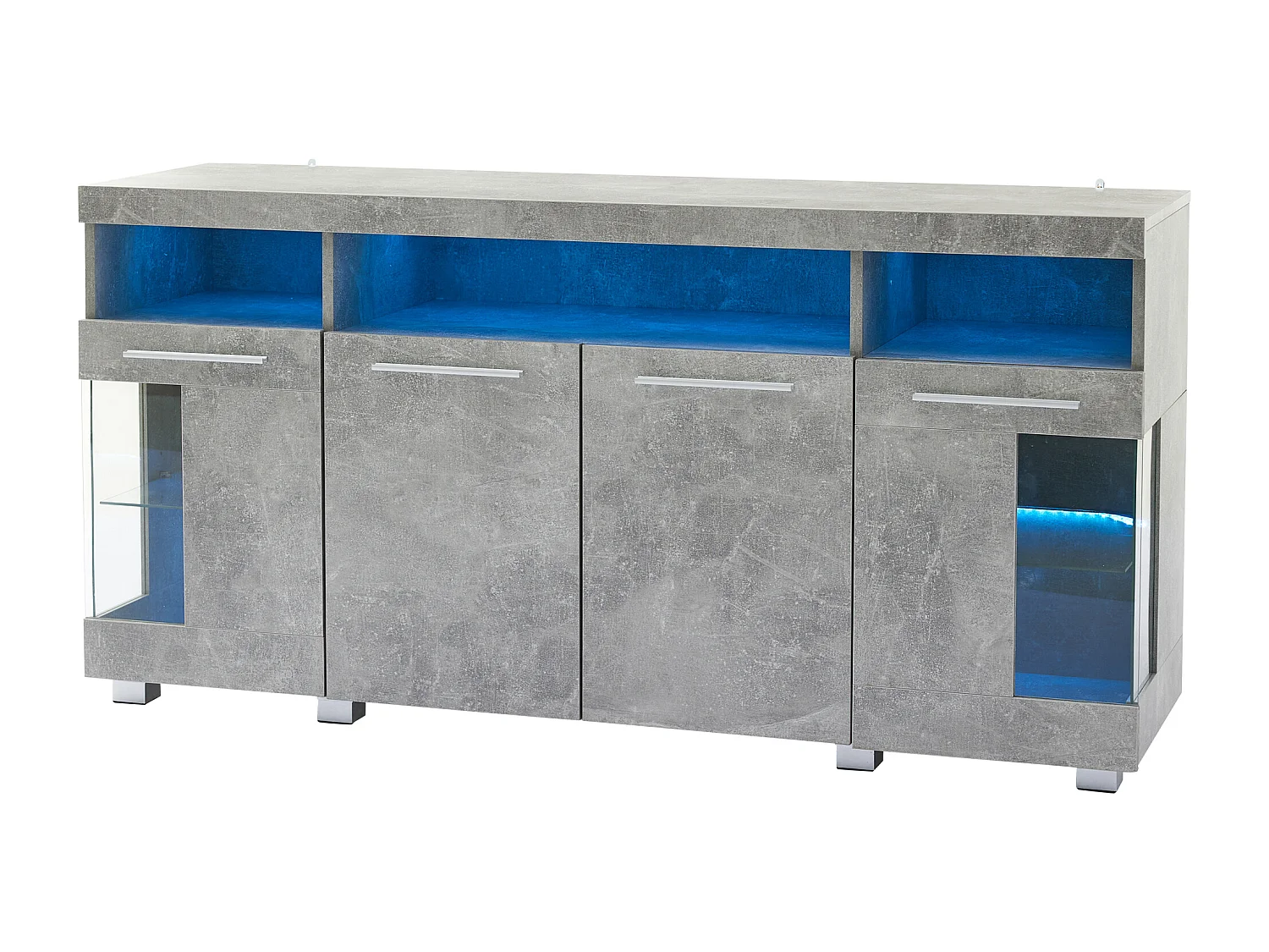 Buffet Moderne LED - 4 portes et 9 compartiments de rangement - MDF + en verre trempé transparent - Gris