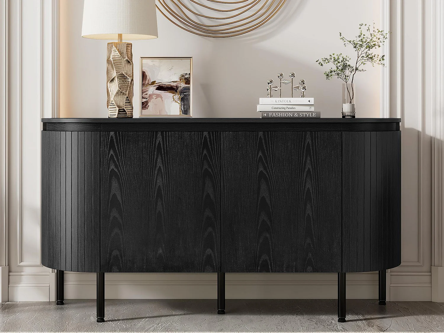 Buffet moderno 145x43x78 cm - com 4 portas - com prateleiras ajustáveis e pés em metal - Preto