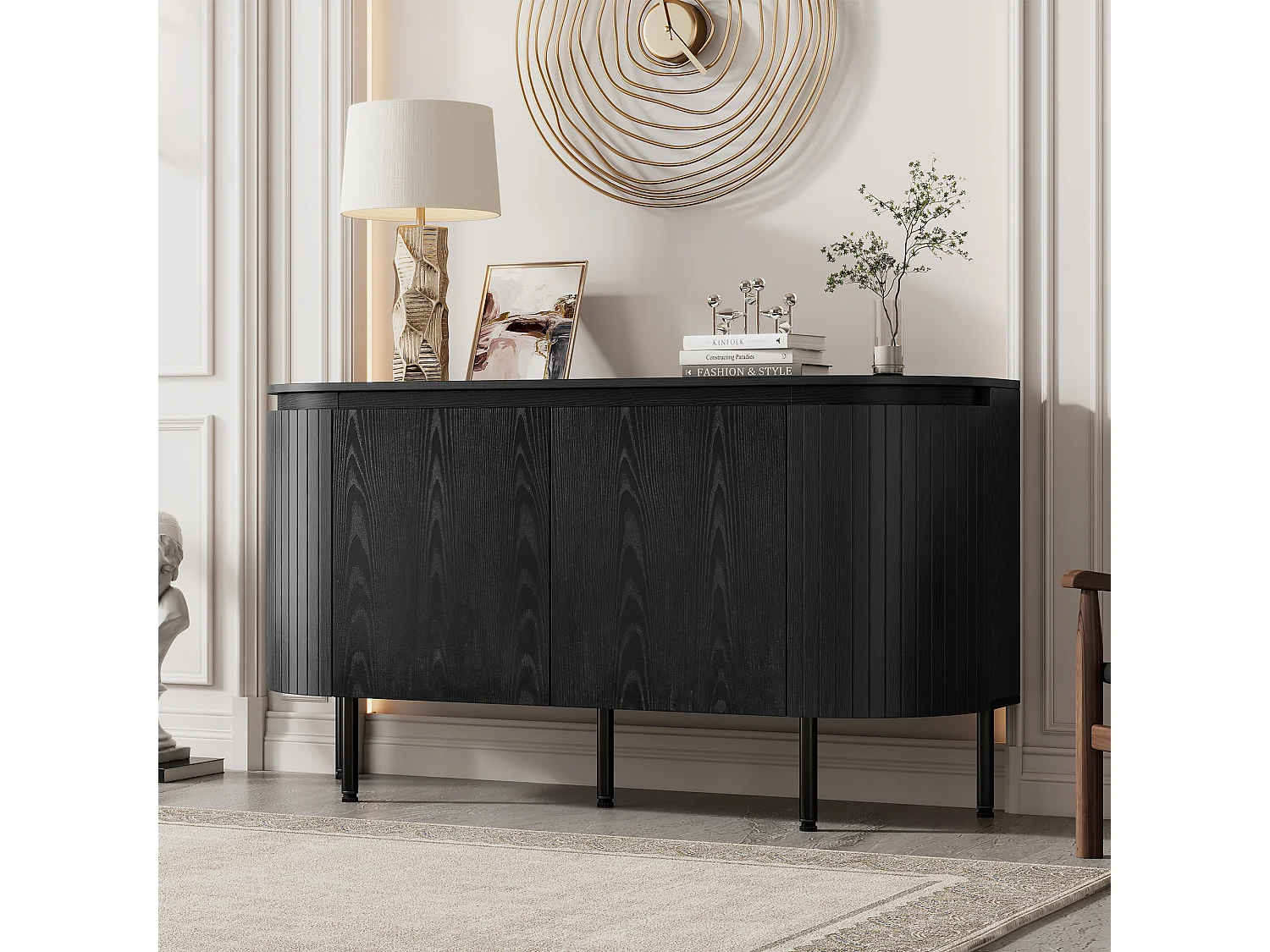 Buffet moderno 145x43x78 cm - com 4 portas - com prateleiras ajustáveis e pés em metal - Preto