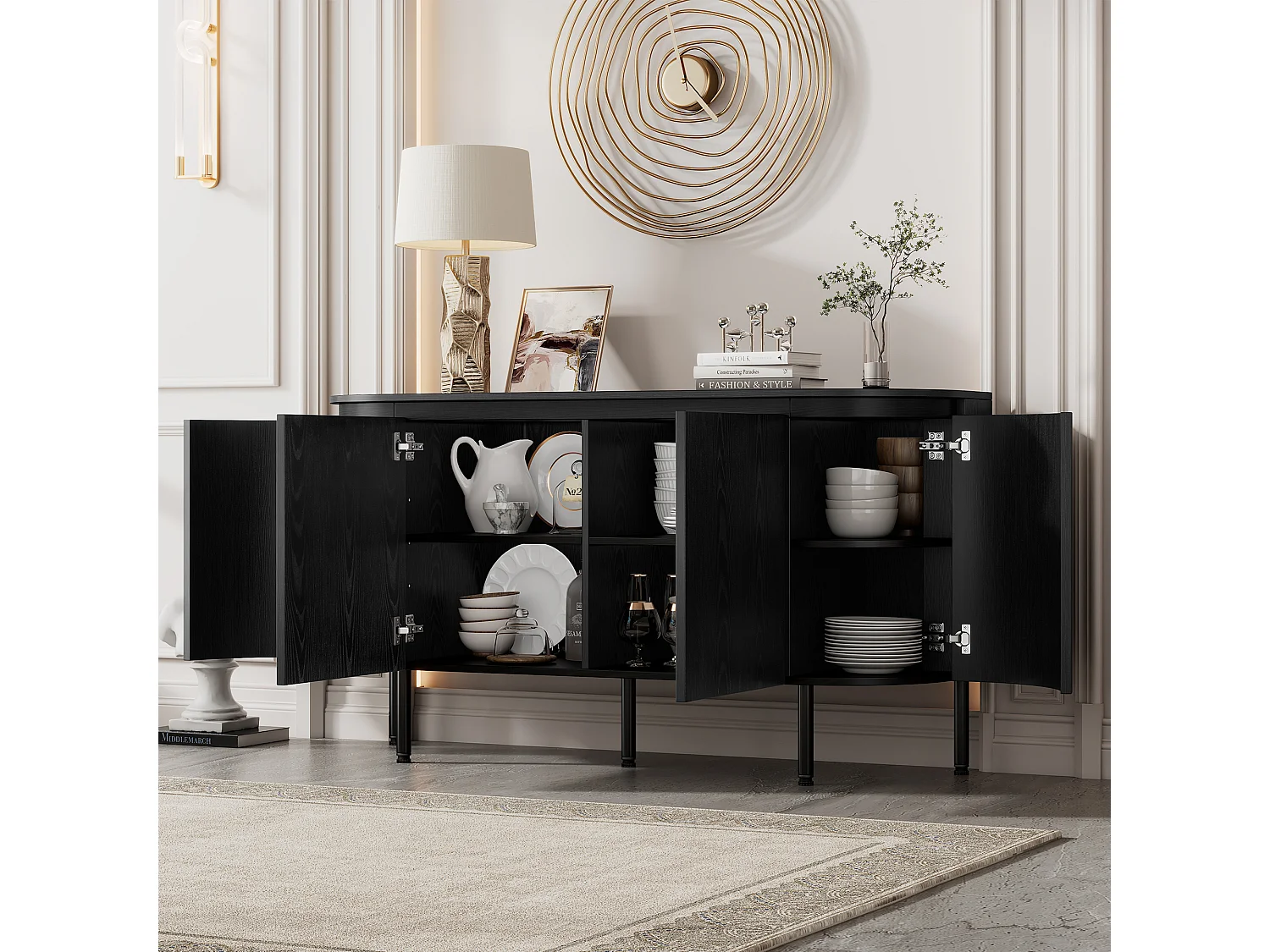 Buffet moderno 145x43x78 cm - com 4 portas - com prateleiras ajustáveis e pés em metal - Preto