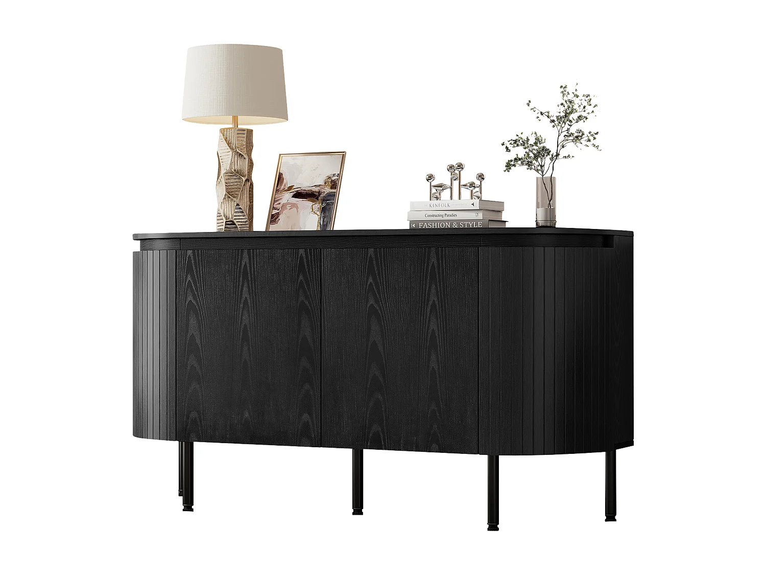 Buffet moderno 145x43x78 cm - com 4 portas - com prateleiras ajustáveis e pés em metal - Preto