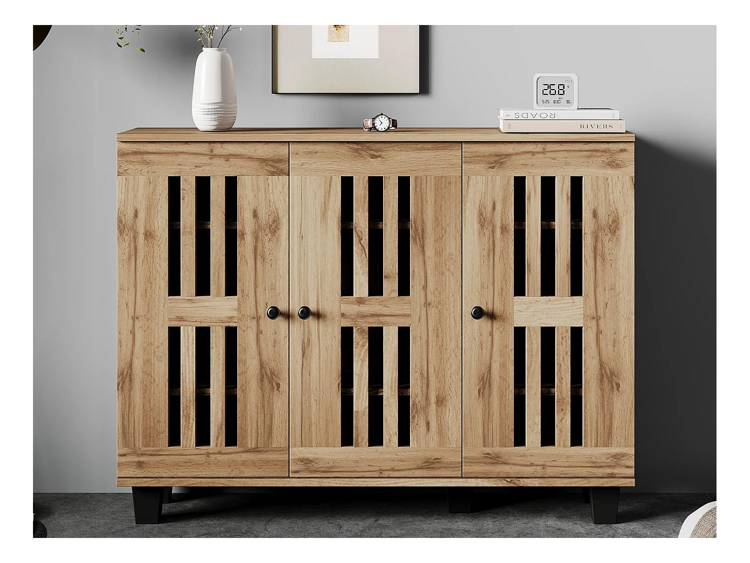Buffet Moderne 120x32x92cm - 3 portes et 8 compartiments de rangement - Style scandinave - Naturel