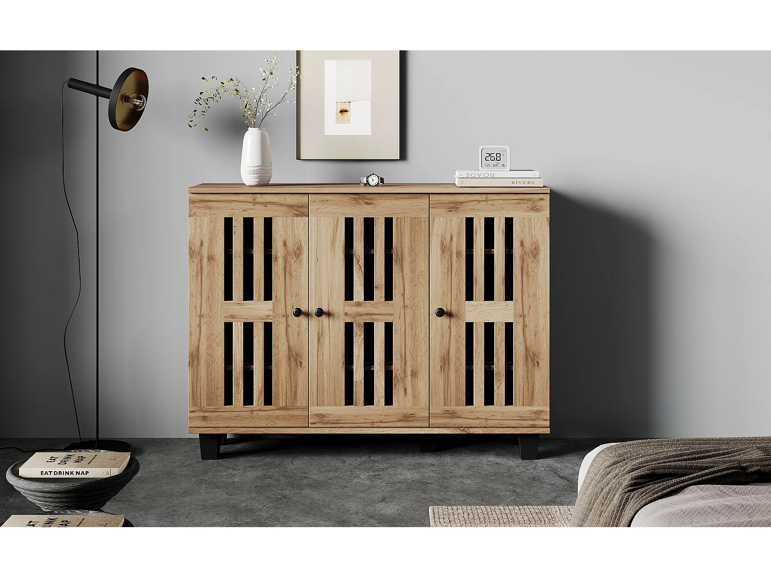 Buffet Moderne 120x32x92cm - 3 portes et 8 compartiments de rangement - Style scandinave - Naturel