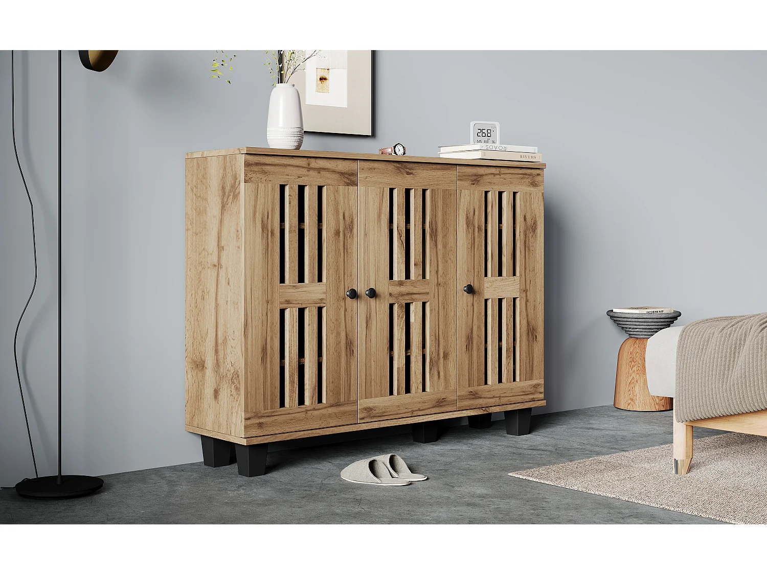 Buffet Moderne 120x32x92cm - 3 portes et 8 compartiments de rangement - Style scandinave - Naturel