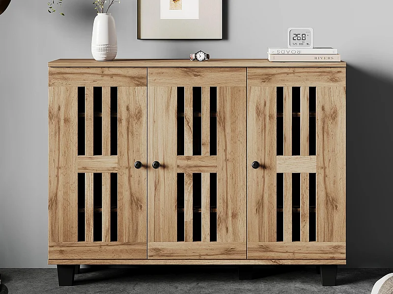 Buffet Moderne 120x32x92cm - 3 portes et 8 compartiments de rangement - Style scandinave - Naturel