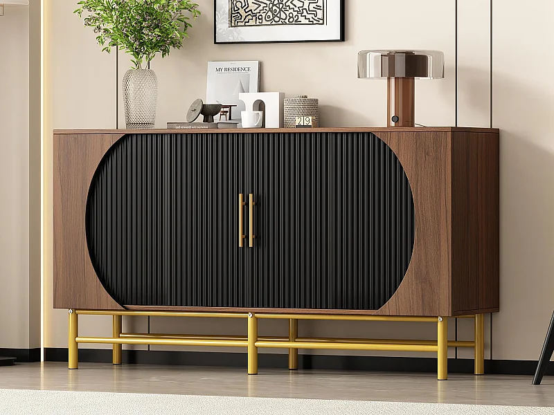 Buffet moderno 145x40x81.5 cm - com 4 portas - com prateleiras ajustáveis e listras verticais - Natural+Pre