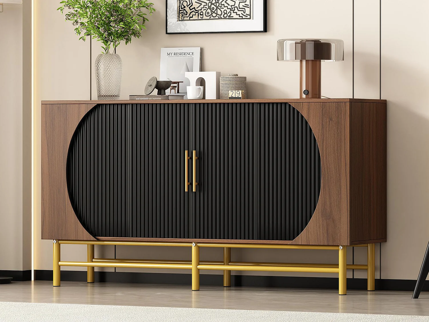 Buffet moderno 145x40x81.5 cm - com 4 portas - com prateleiras ajustáveis e listras verticais - Natural+Pre