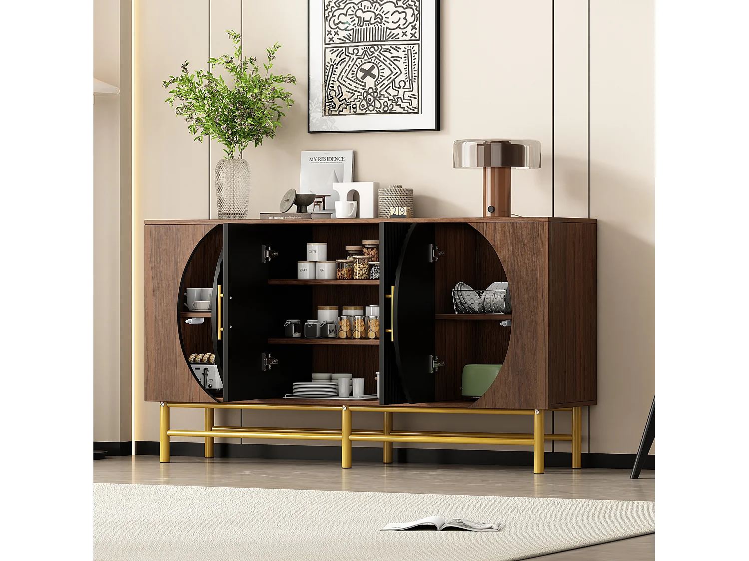 Buffet moderno 145x40x81.5 cm - com 4 portas - com prateleiras ajustáveis e listras verticais - Natural+Pre