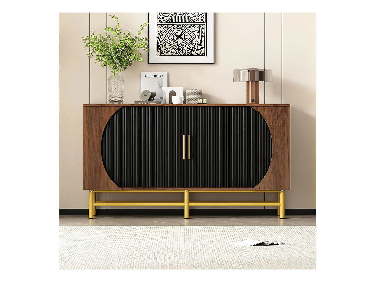 Buffet moderno 145x40x81.5 cm - com 4 portas - com prateleiras ajustáveis e listras verticais - Natural+Pre