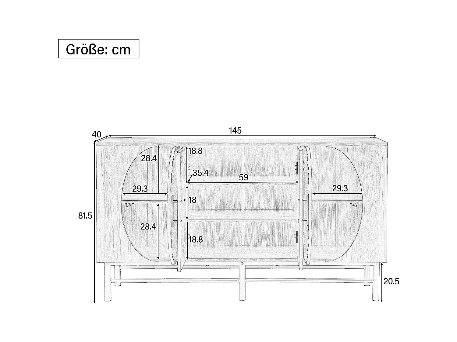 Buffet moderno 145x40x81.5 cm - com 4 portas - com prateleiras ajustáveis e listras verticais - Natural+Pre