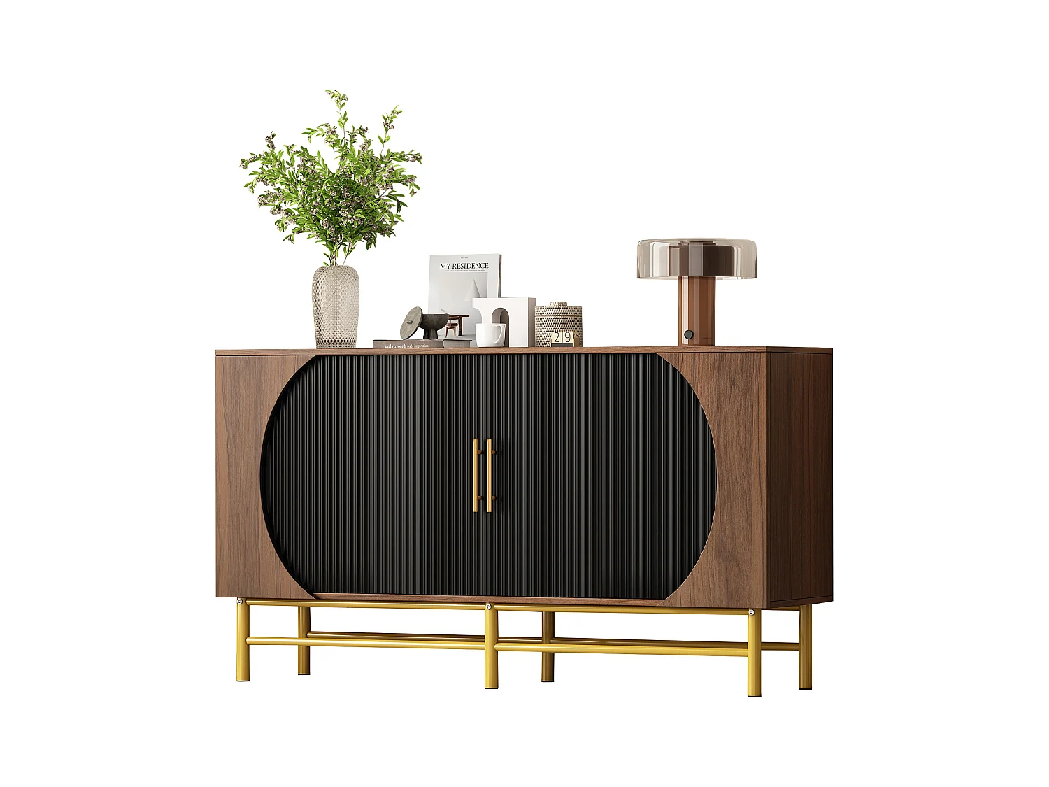 Buffet moderno 145x40x81.5 cm - com 4 portas - com prateleiras ajustáveis e listras verticais - Natural+Pre