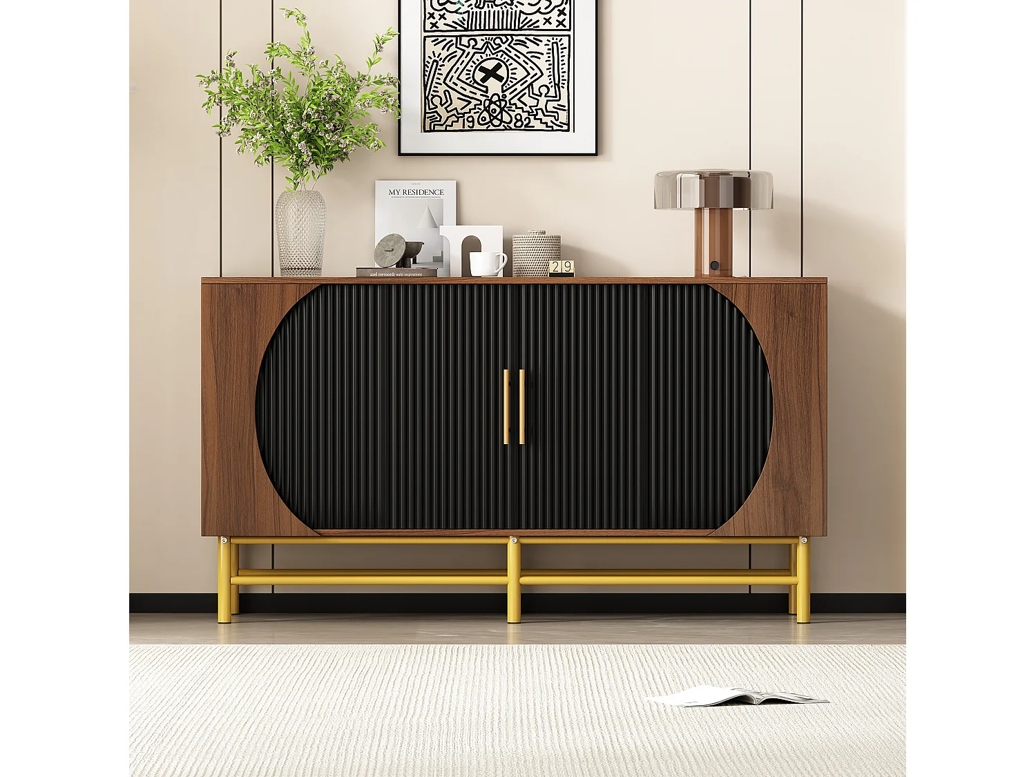 Buffet moderne 145x40x81.5cm - avec 4 portes - avec étagères réglables et des rayures verticales - Naturel+Noir