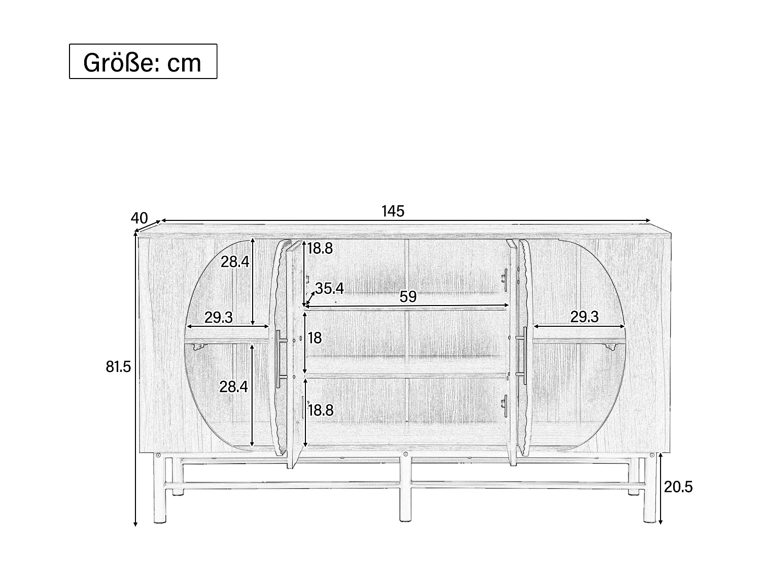 Buffet moderne 145x40x81.5cm - avec 4 portes - avec étagères réglables et des rayures verticales - Naturel+Noir