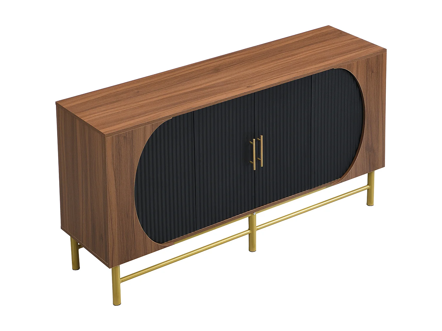 Buffet moderne 145x40x81.5cm - avec 4 portes - avec étagères réglables et des rayures verticales - Naturel+Noir