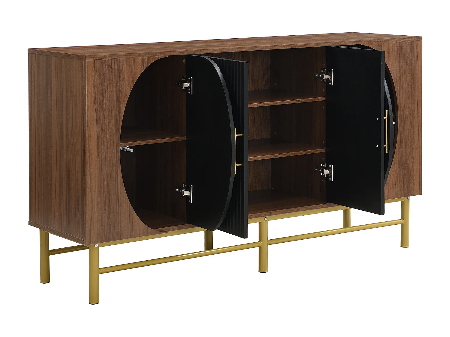 Buffet moderne 145x40x81.5cm - avec 4 portes - avec étagères réglables et des rayures verticales - Naturel+Noir