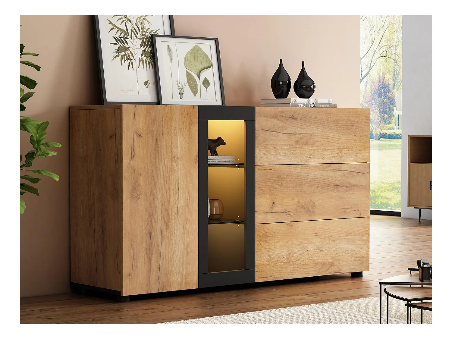 Buffet moderne - avec 3 tiroirs - avec LED - Naturel + Noir