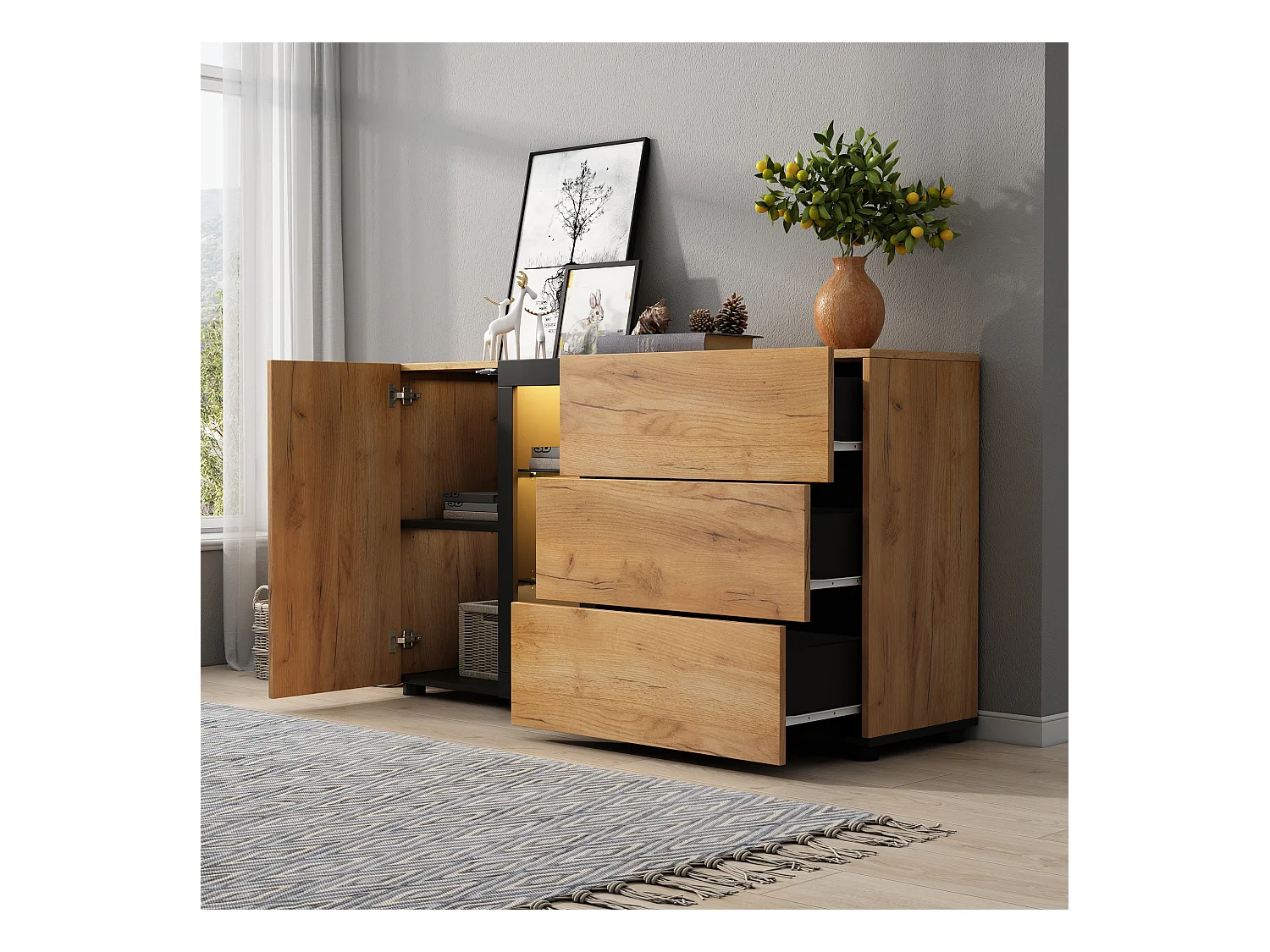 Buffet moderne - avec 3 tiroirs - avec LED - Naturel + Noir