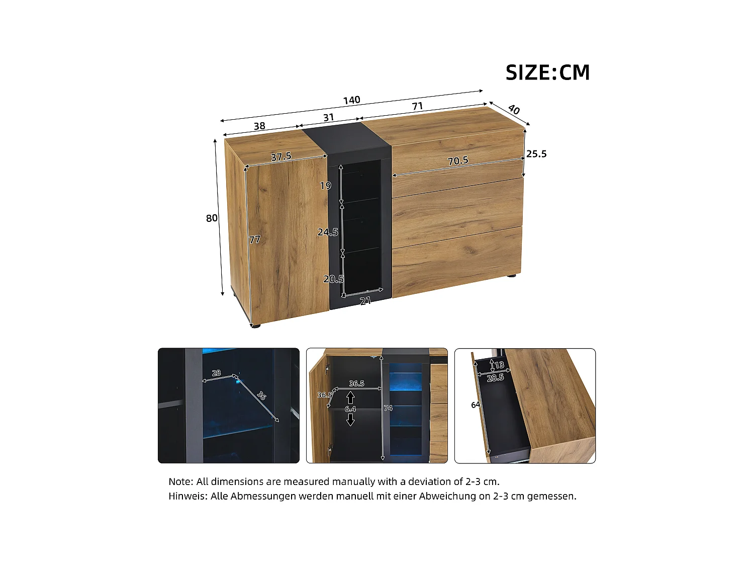 Buffet moderne - avec 3 tiroirs - avec LED - Naturel + Noir