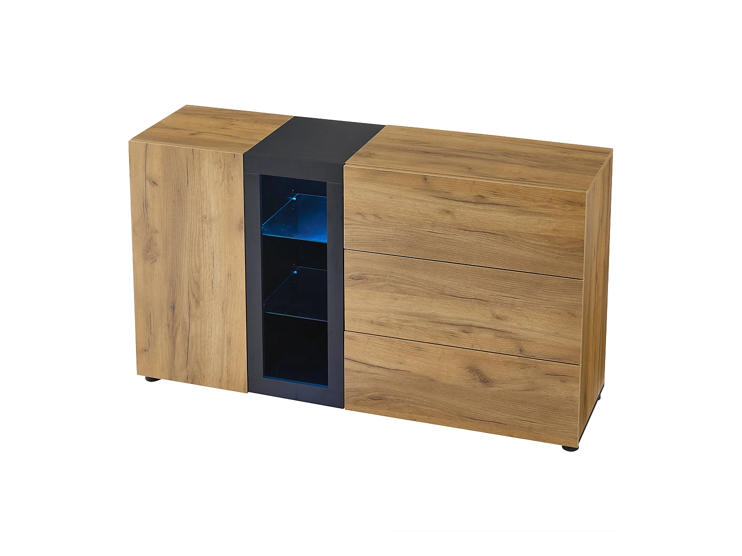 Buffet moderne - avec 3 tiroirs - avec LED - Naturel + Noir
