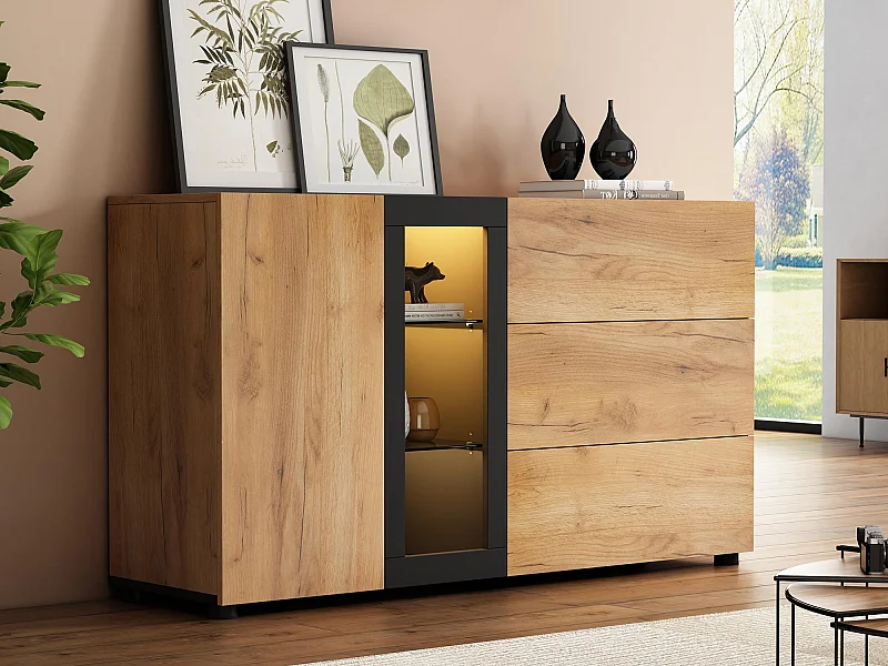 Buffet moderne - avec 3 tiroirs - avec LED - Naturel + Noir