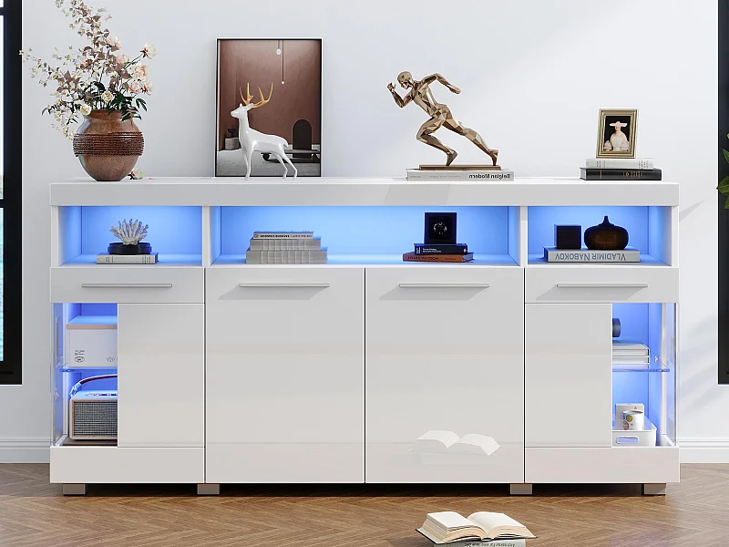 Buffet moderno com LED - 4 portas e 9 compartimentos de armazenamento - MDF + vidro temperado transparente - Branco